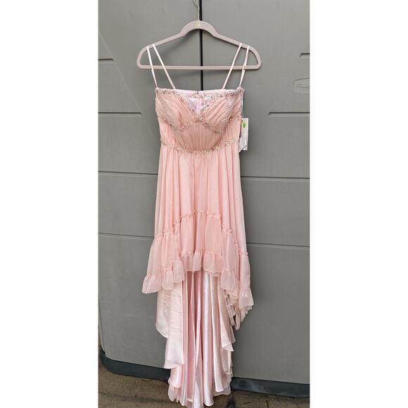 Mac Duggal Strapless Beaded Ruffle High Low Prom Gown in Ice Pink Sz 4 Princess - Picture 6 of 16